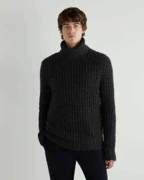 Men's Chunky Moss Stitch Roll Neck Cashmere Jumper Granite Blue