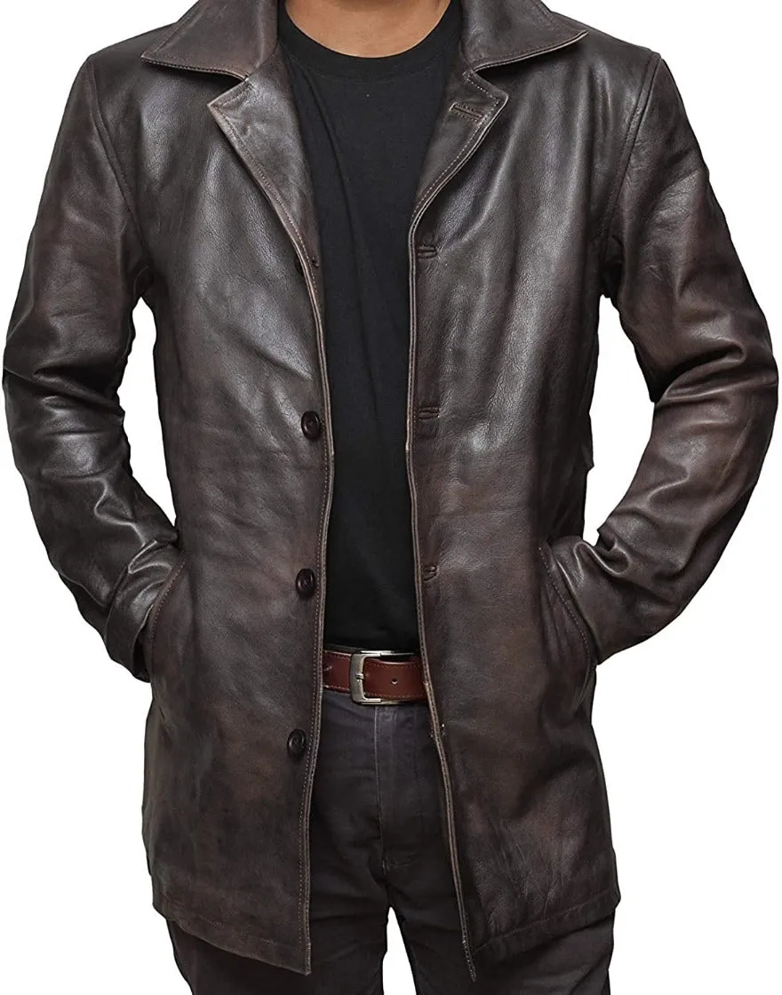 Mens Leather Trench Coat Dark Brown