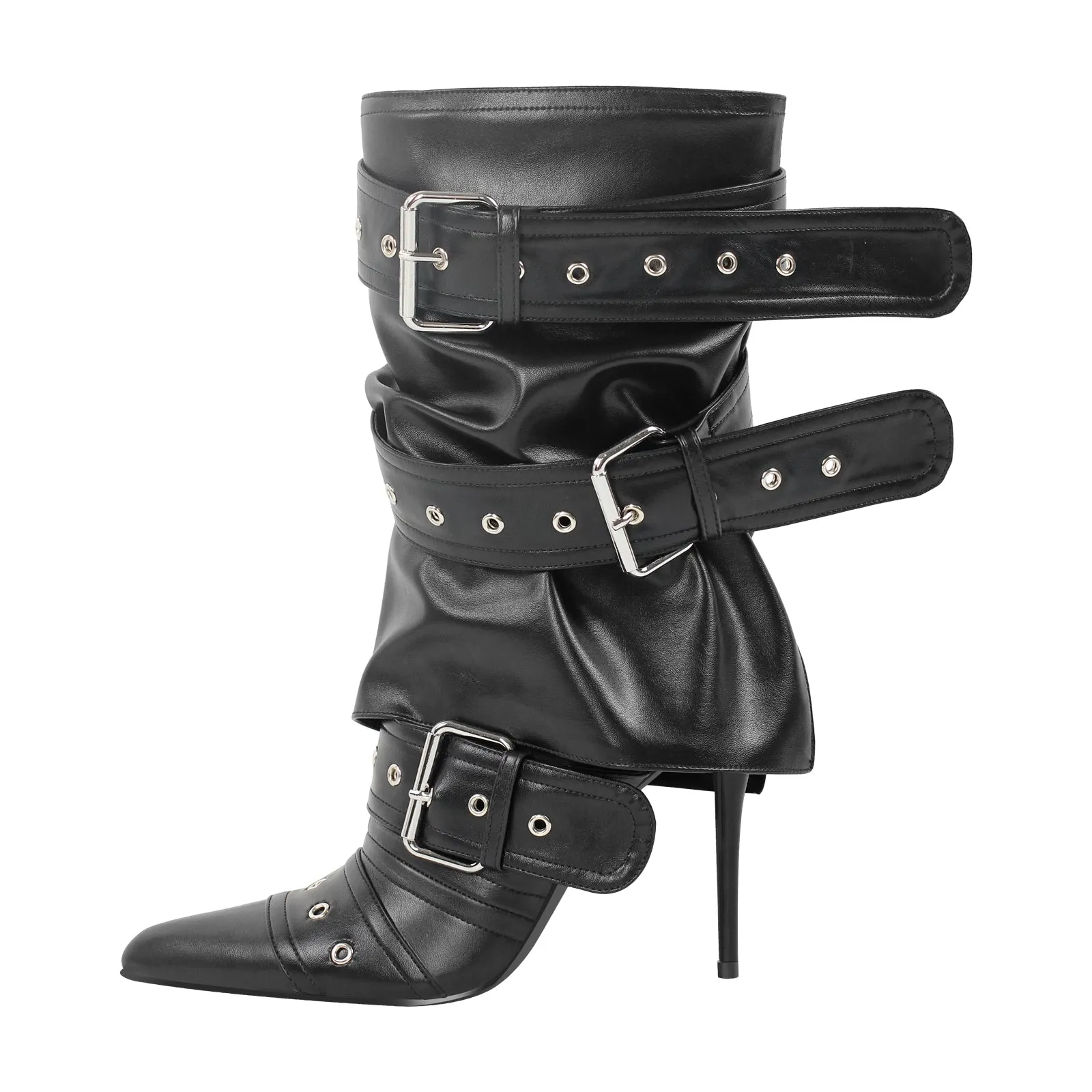 Metallic Pointed Toe Buckles Stiletto Ankle Boots