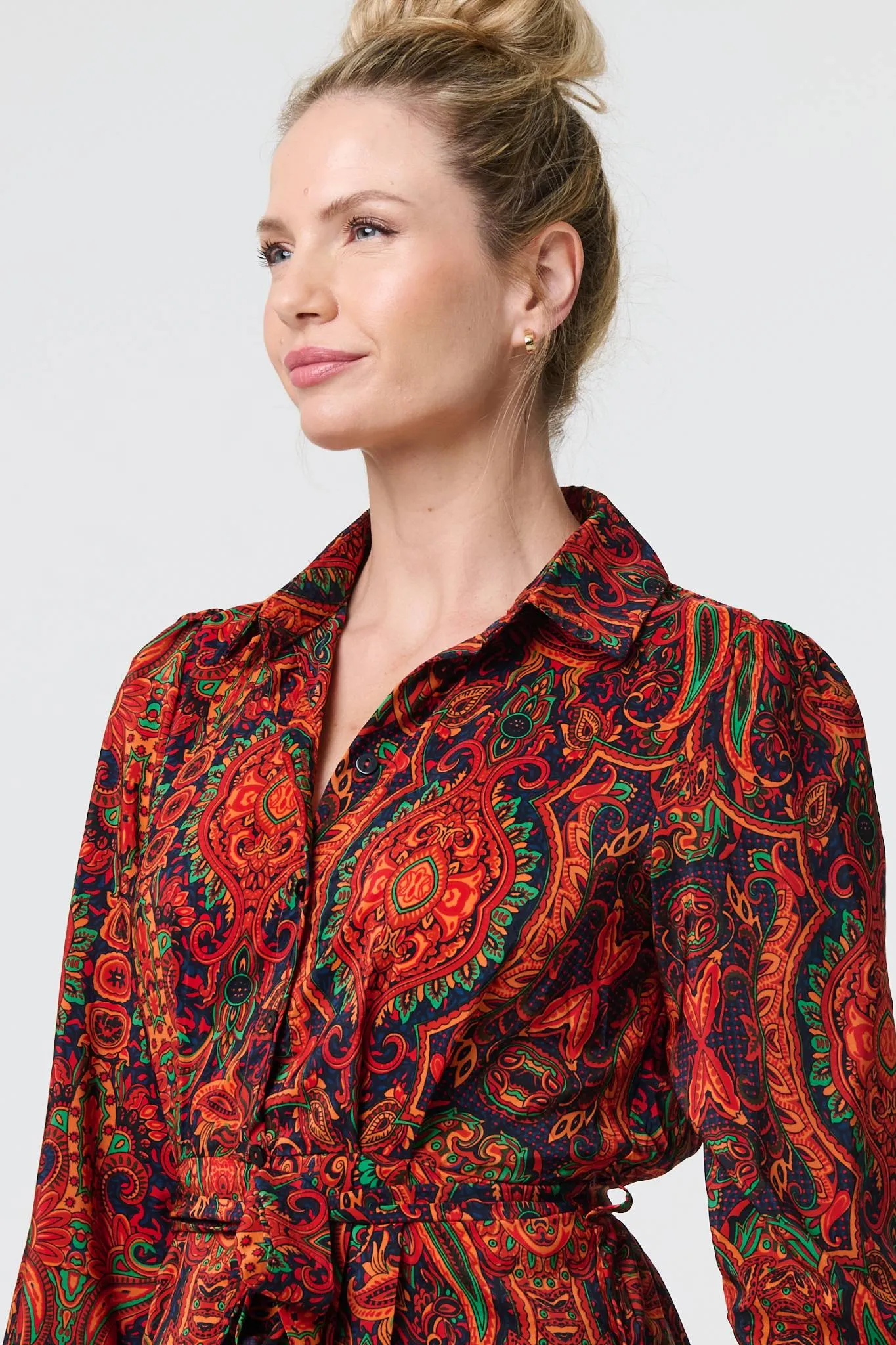 Mosaic Print Long Sleeve Short Shirt Dress