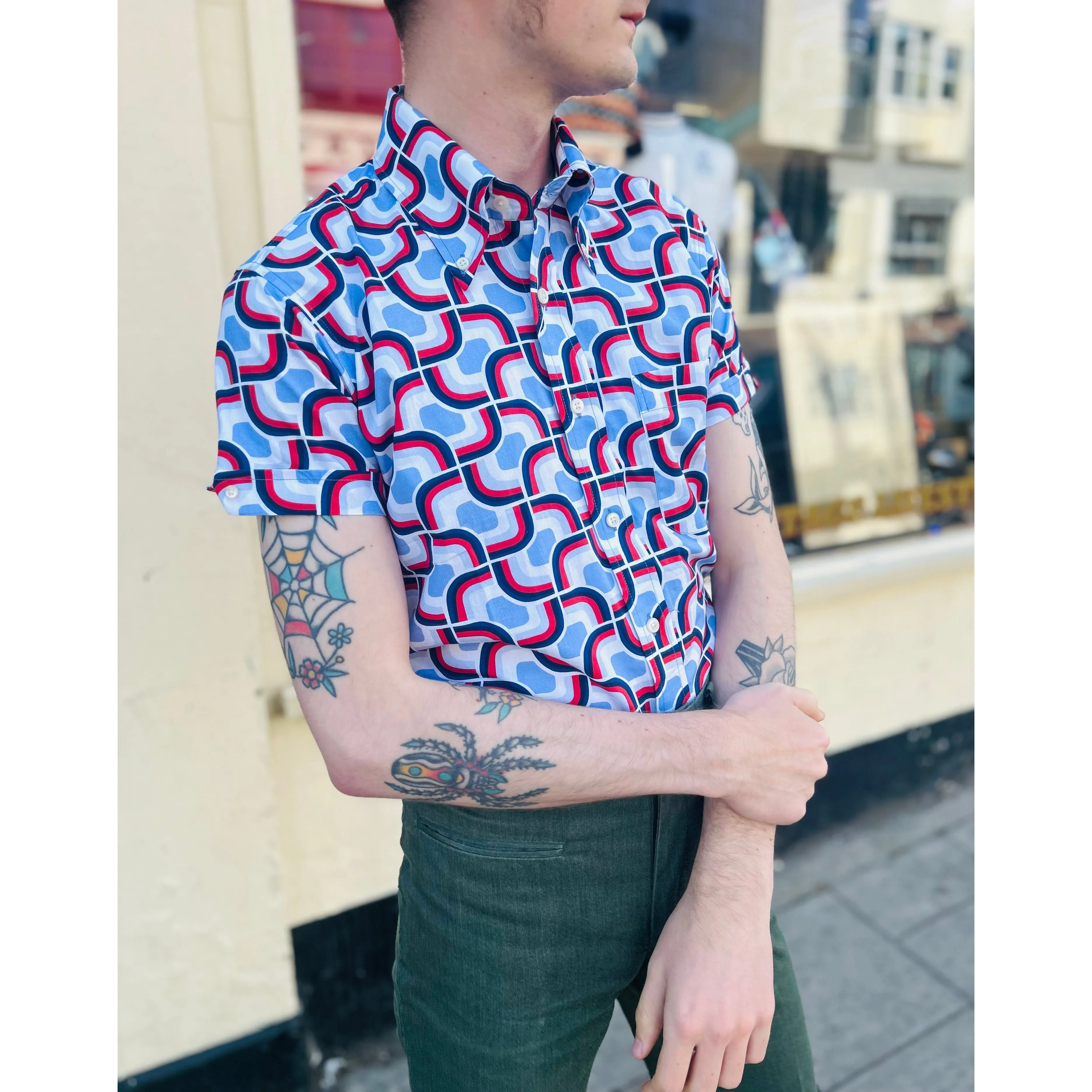 Mr Bridger - Men's 'The Claxton' Red, White & Blue Geometric 70's Pattern S/S - Shirt