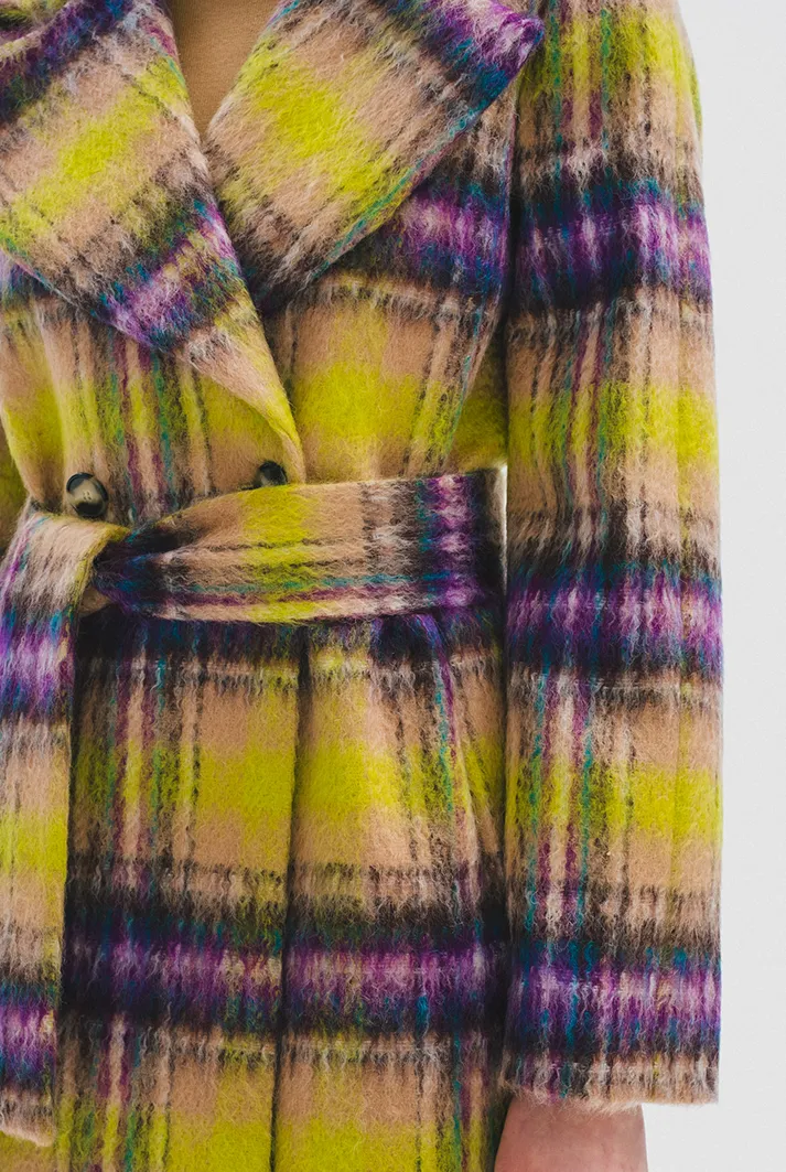 Multicolor Check Mohair Belted Coat