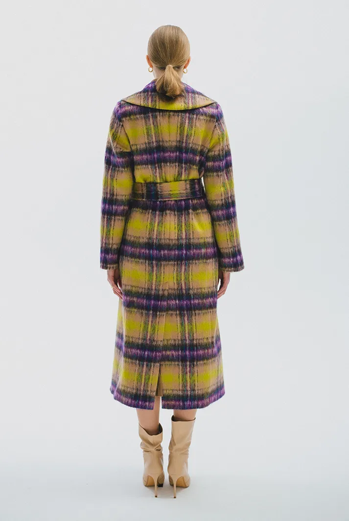 Multicolor Check Mohair Belted Coat