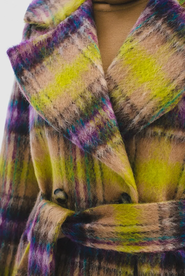 Multicolor Check Mohair Belted Coat