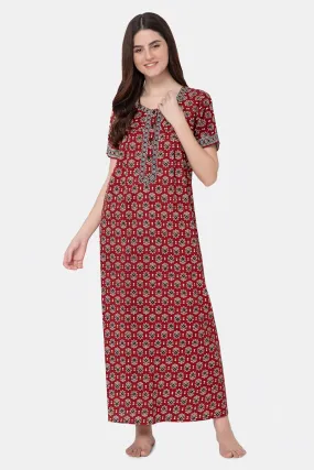 Naidu Hall Round Neck Half Sleeve Front Button Open Nighty - Maroon - NT15