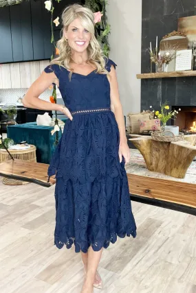 Navy Cap Sleeve Lace Midi Dress