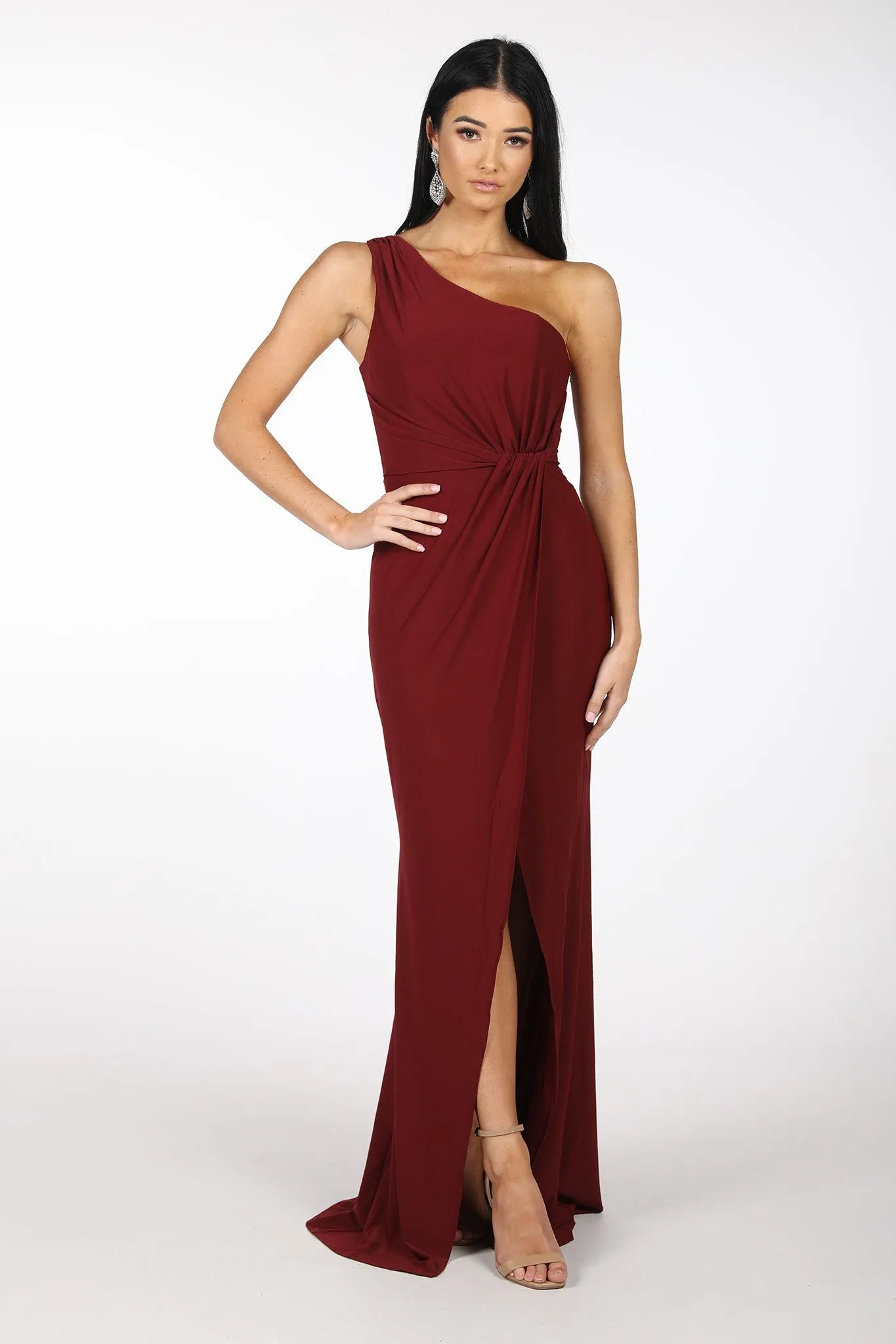 NELIA One Shoulder Maxi Column Dress - Wine