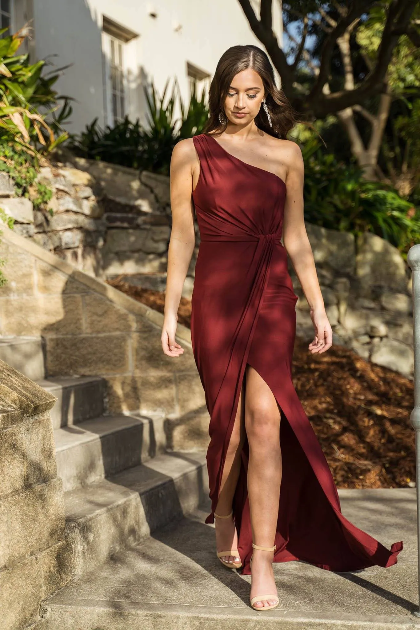 NELIA One Shoulder Maxi Column Dress - Wine