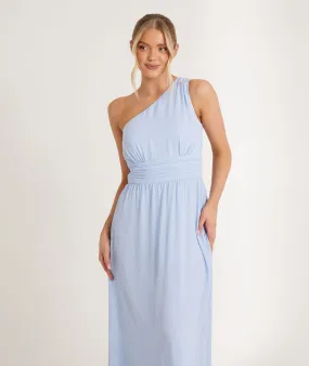 One Shoulder Pleated Waist Chiffon Bridesmaid Dress - Cornflower Blue