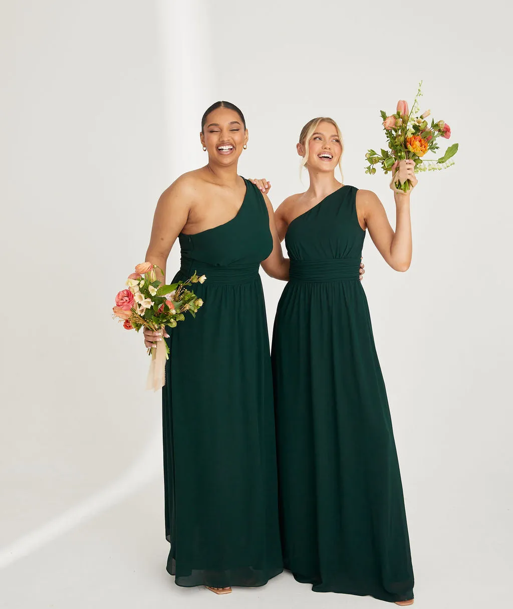 One Shoulder Pleated Waist Chiffon Bridesmaid Dress - Emerald