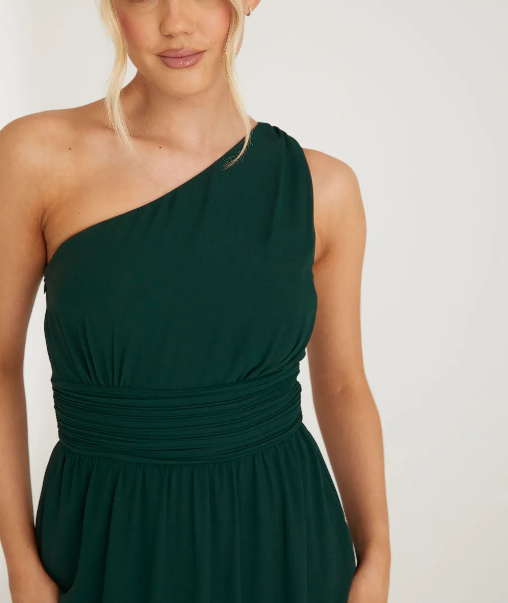 One Shoulder Pleated Waist Chiffon Bridesmaid Dress - Emerald