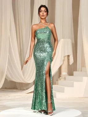 One Shoulder Spaghetti Strap Sleeveless Sequin Slit Dresses