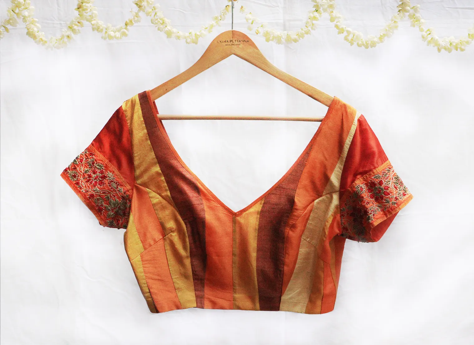 Orange, mustard and brown, Karnataka silk ,Hand Embroidery,Patchwork blouse