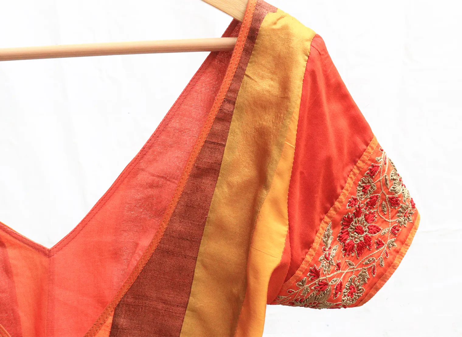 Orange, mustard and brown, Karnataka silk ,Hand Embroidery,Patchwork blouse