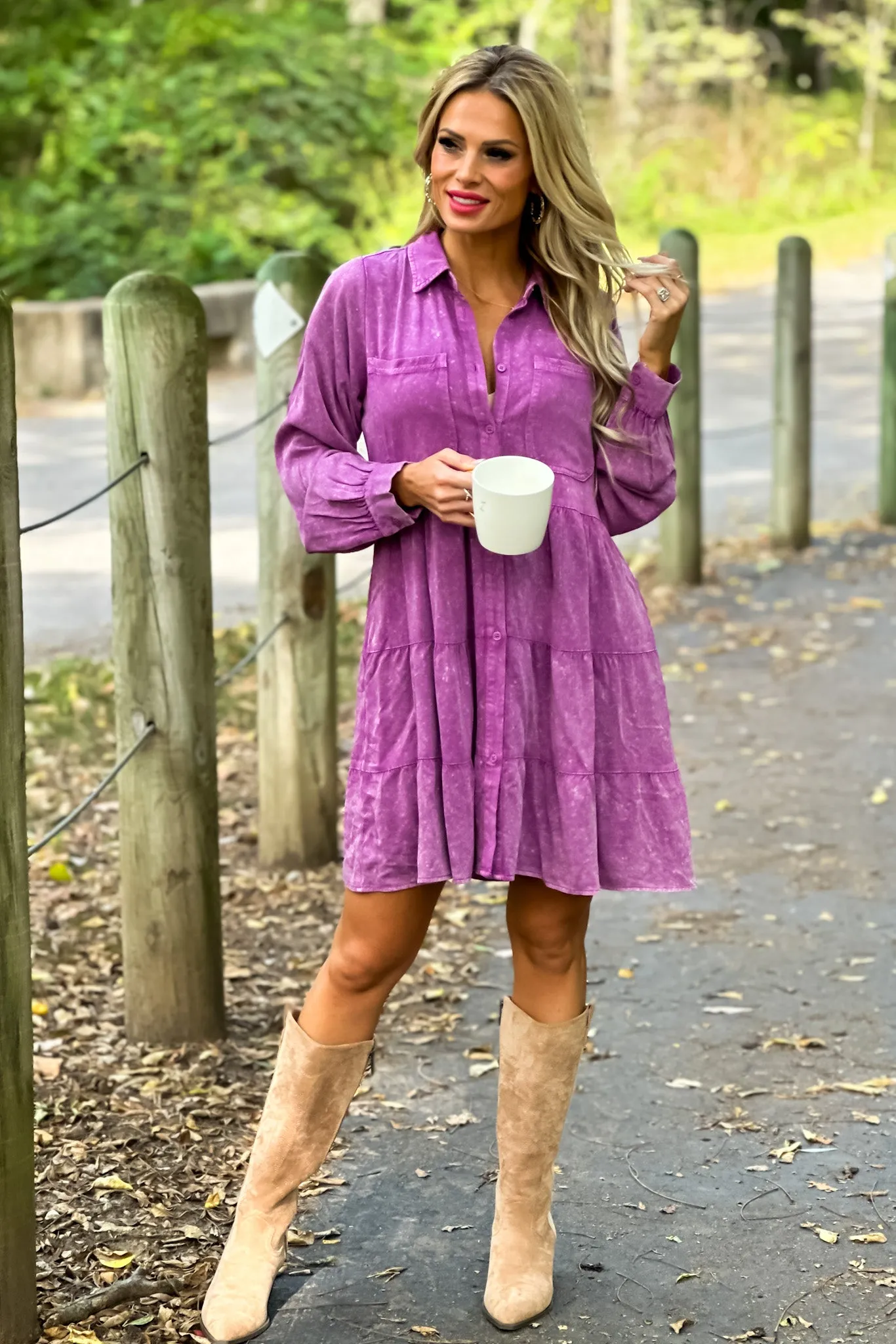 Playing My Song Button Down Tiered Dress : Violet