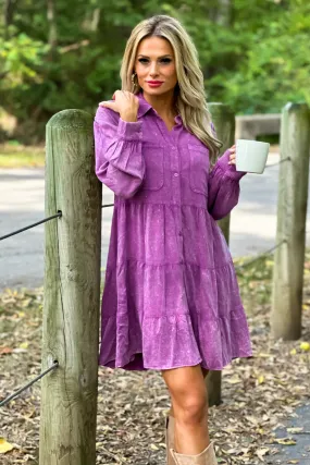 Playing My Song Button Down Tiered Dress : Violet