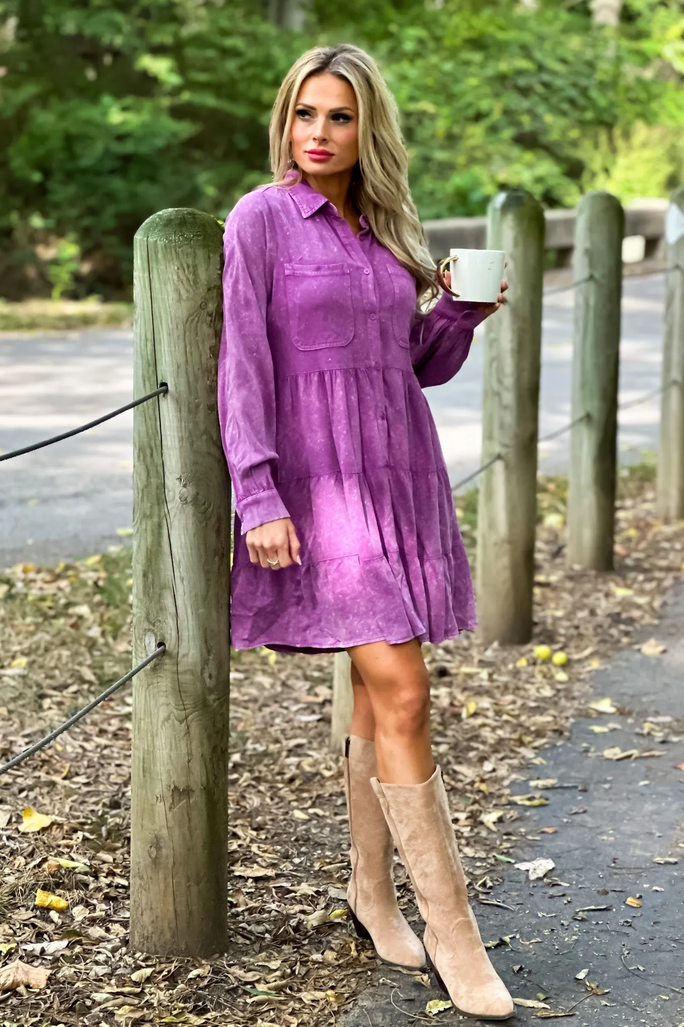 Playing My Song Button Down Tiered Dress : Violet