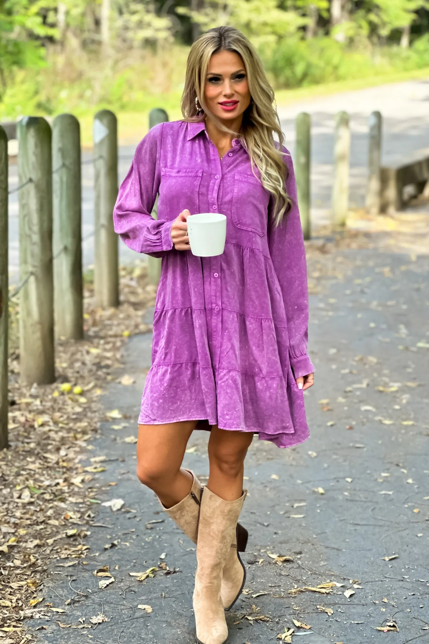 Playing My Song Button Down Tiered Dress : Violet