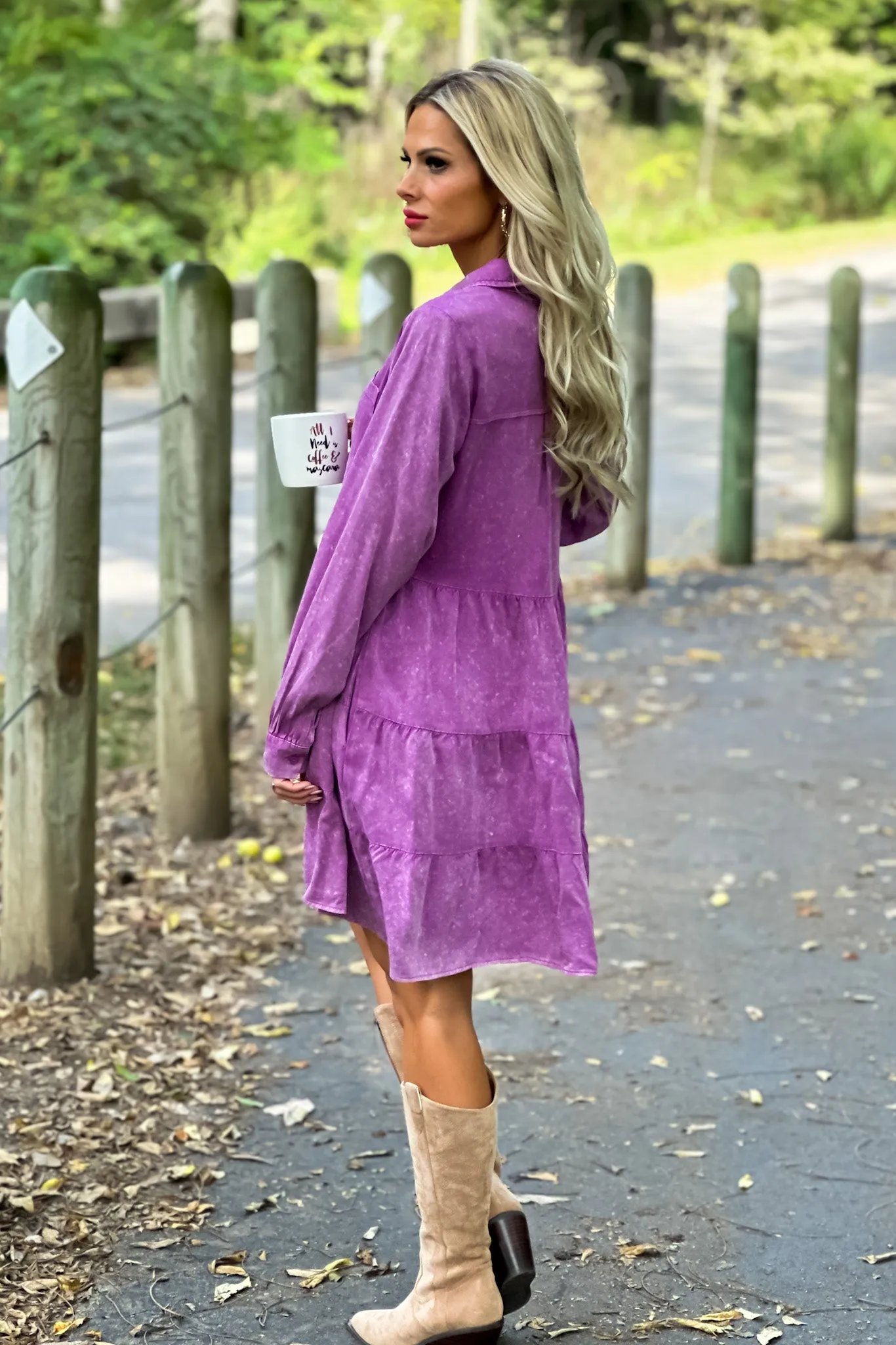 Playing My Song Button Down Tiered Dress : Violet