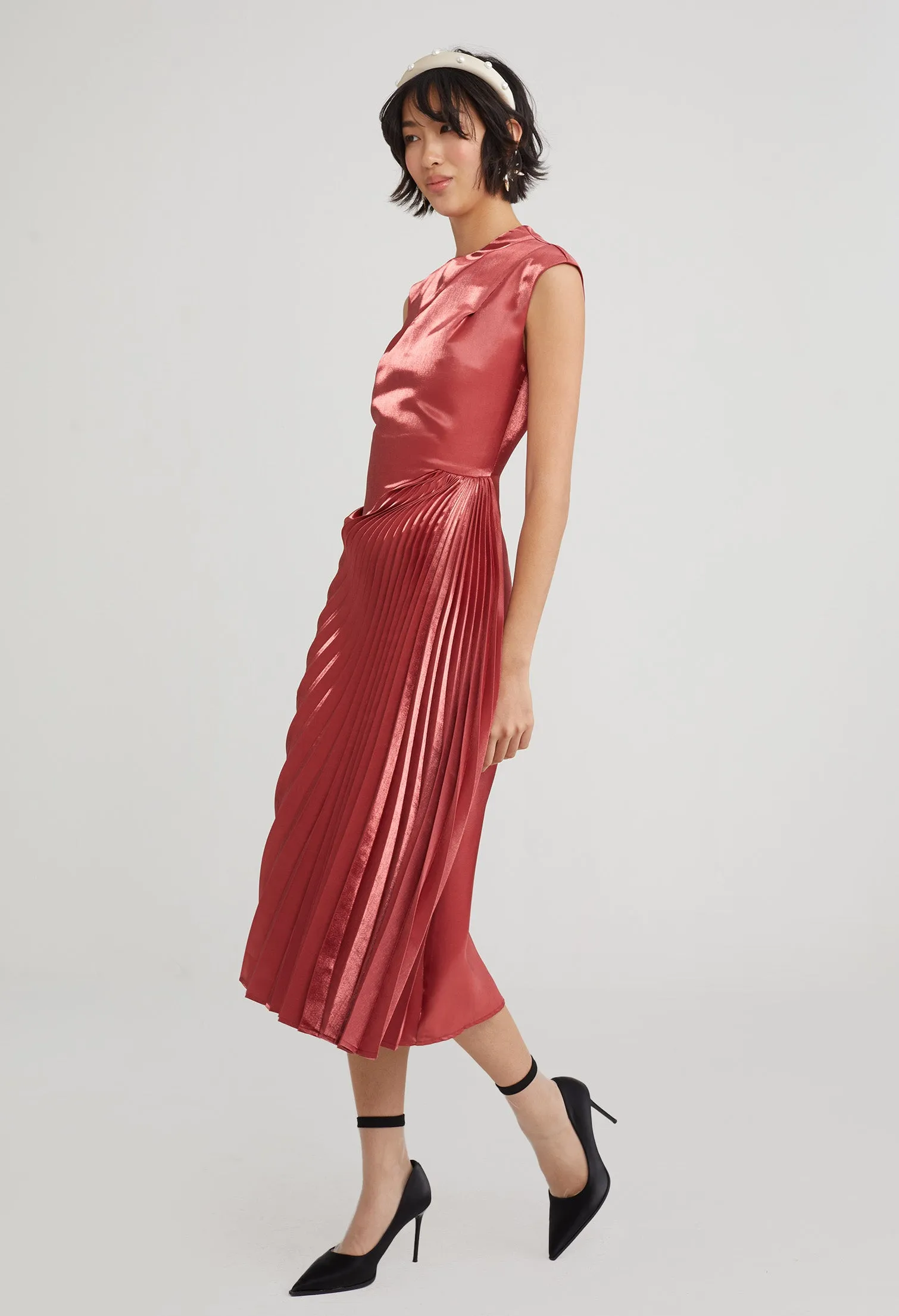 Pleated High Neck Shimmer Dress