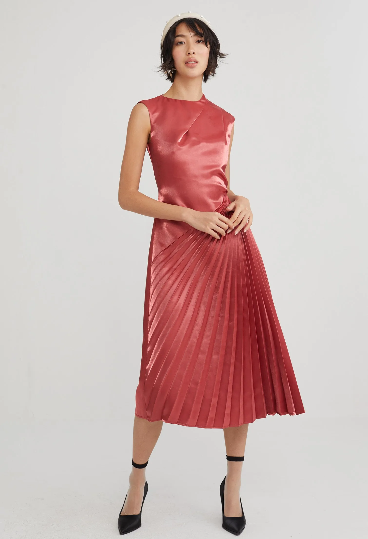 Pleated High Neck Shimmer Dress