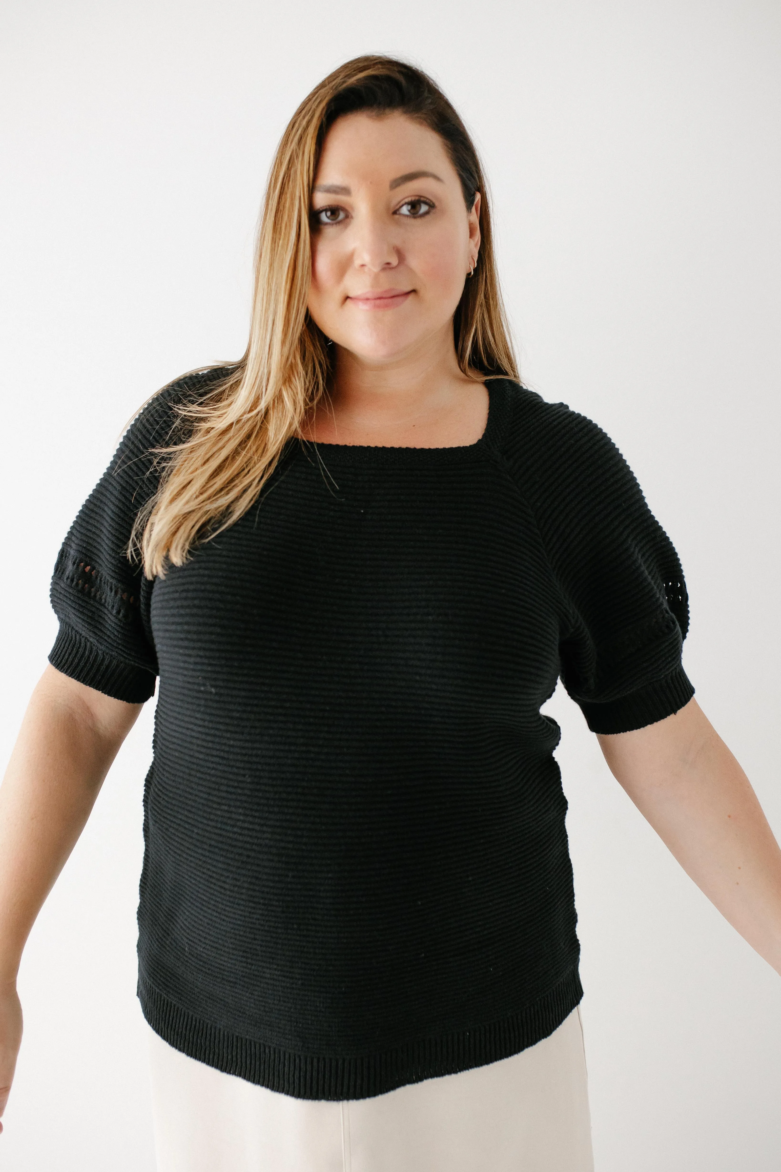 Plus 'Thea' Short Sleeve Sweater Top in Black FINAL SALE