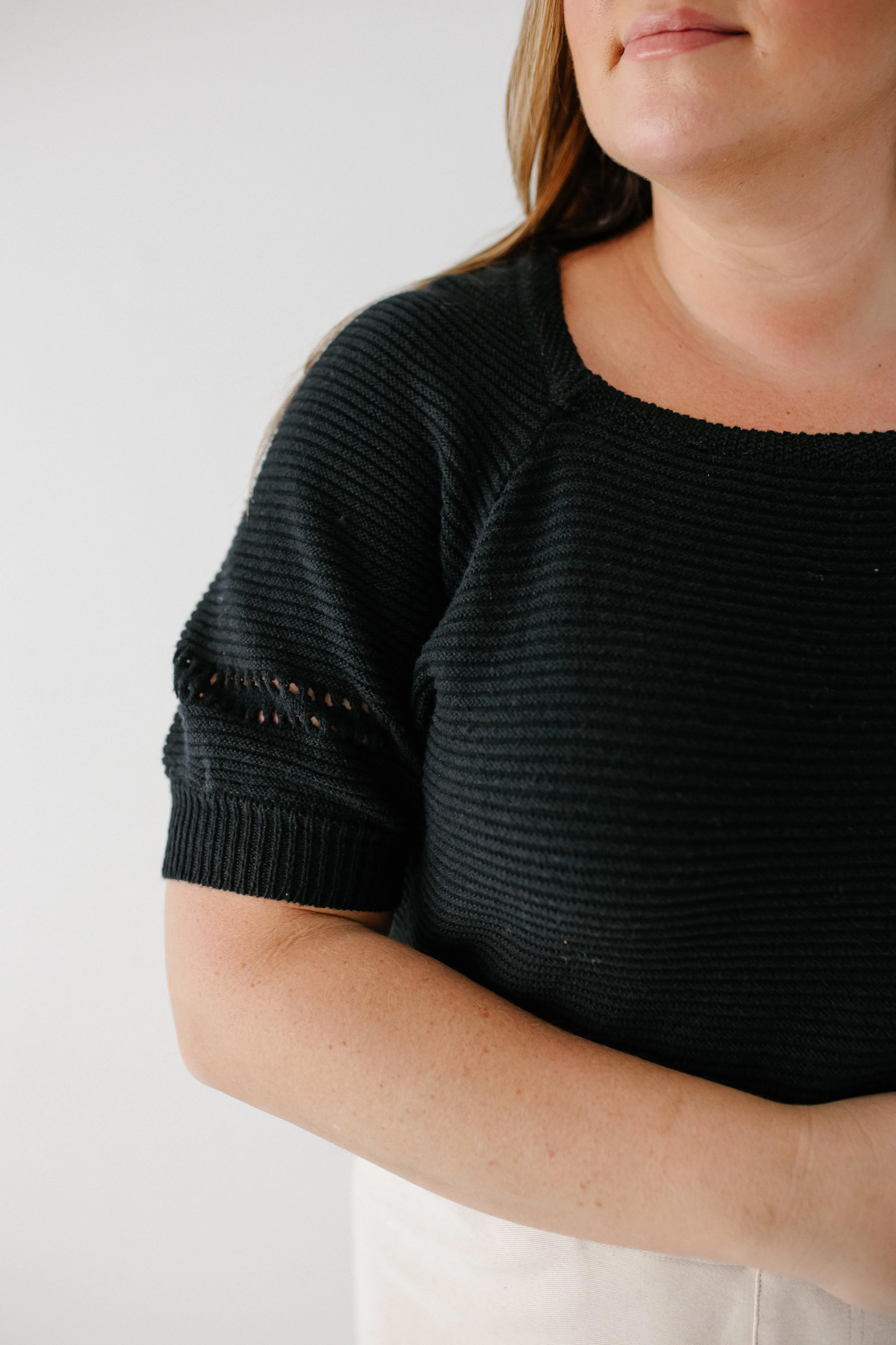 Plus 'Thea' Short Sleeve Sweater Top in Black FINAL SALE