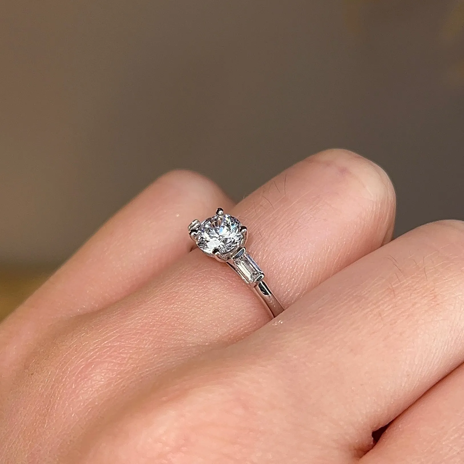 "Amelia" Three Stone Round Brilliant Cut with Emerald Cut Diamond Trilogy Engagement Ring 3SRB54