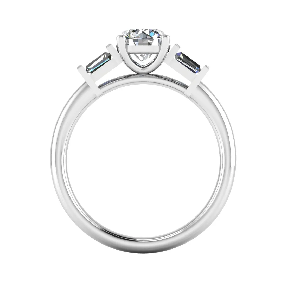 "Amelia" Three Stone Round Brilliant Cut with Emerald Cut Diamond Trilogy Engagement Ring 3SRB54