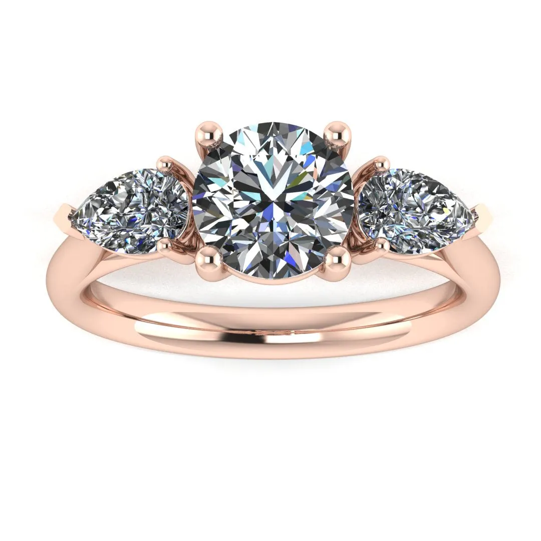 "Ivy" Three Stone Round Brilliant Cut with Pear Cut Diamond Trilogy Engagement Ring 3SRB11