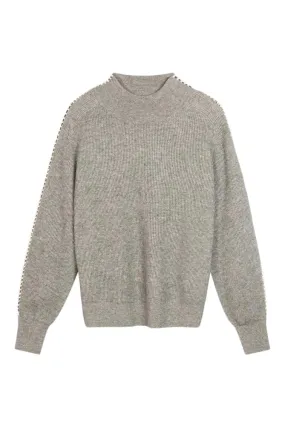 Repeat Cashmere Rib Knit Sweater with Crochet Details on Sleeves in Light Grey