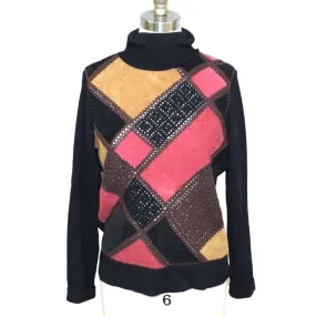 Retro VTG Suede Patchwork & Crochet Sweater Turtleneck Womens S/M Black Red Gold