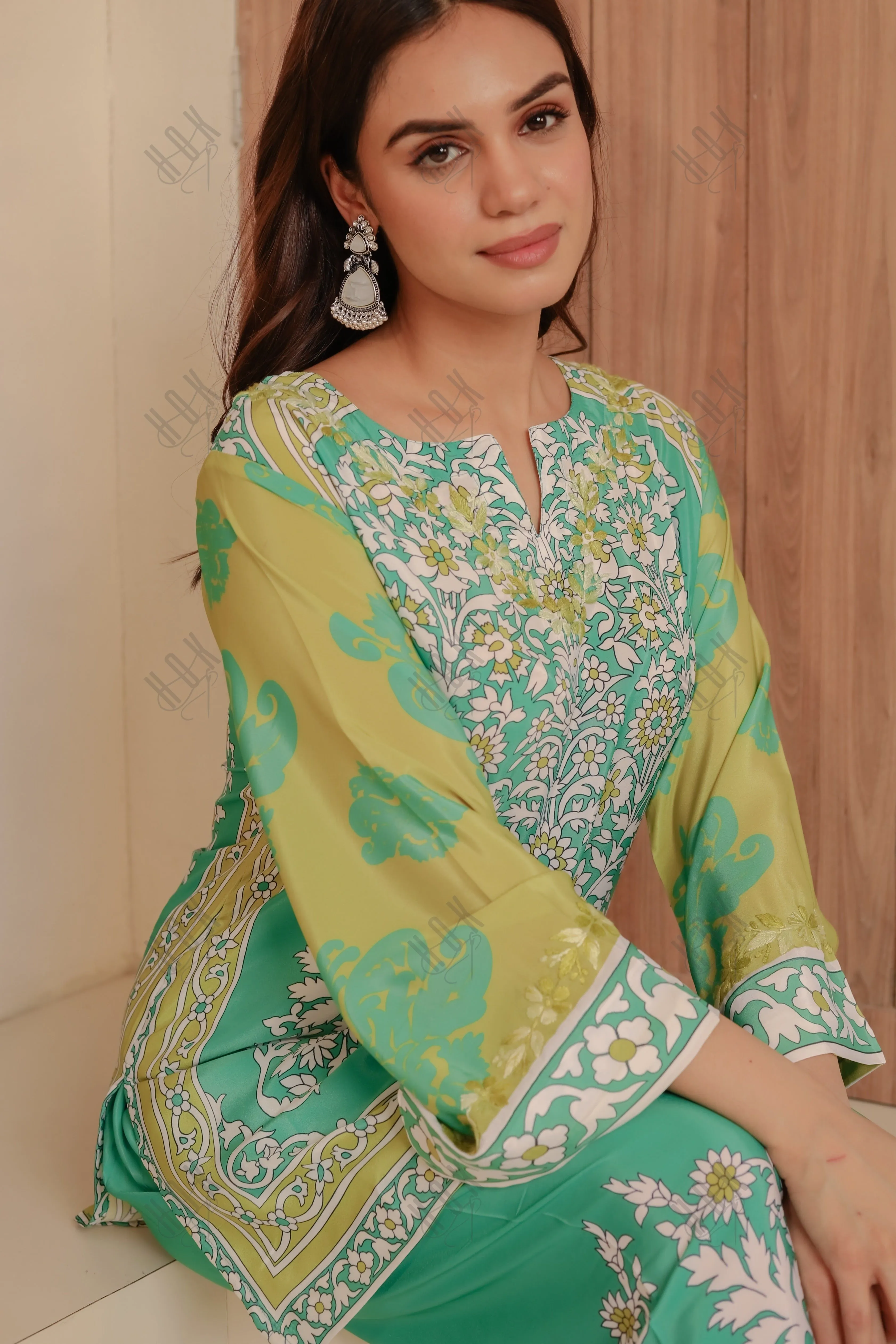 Saba Chikankari Printed Polysilk Set for Women - Green