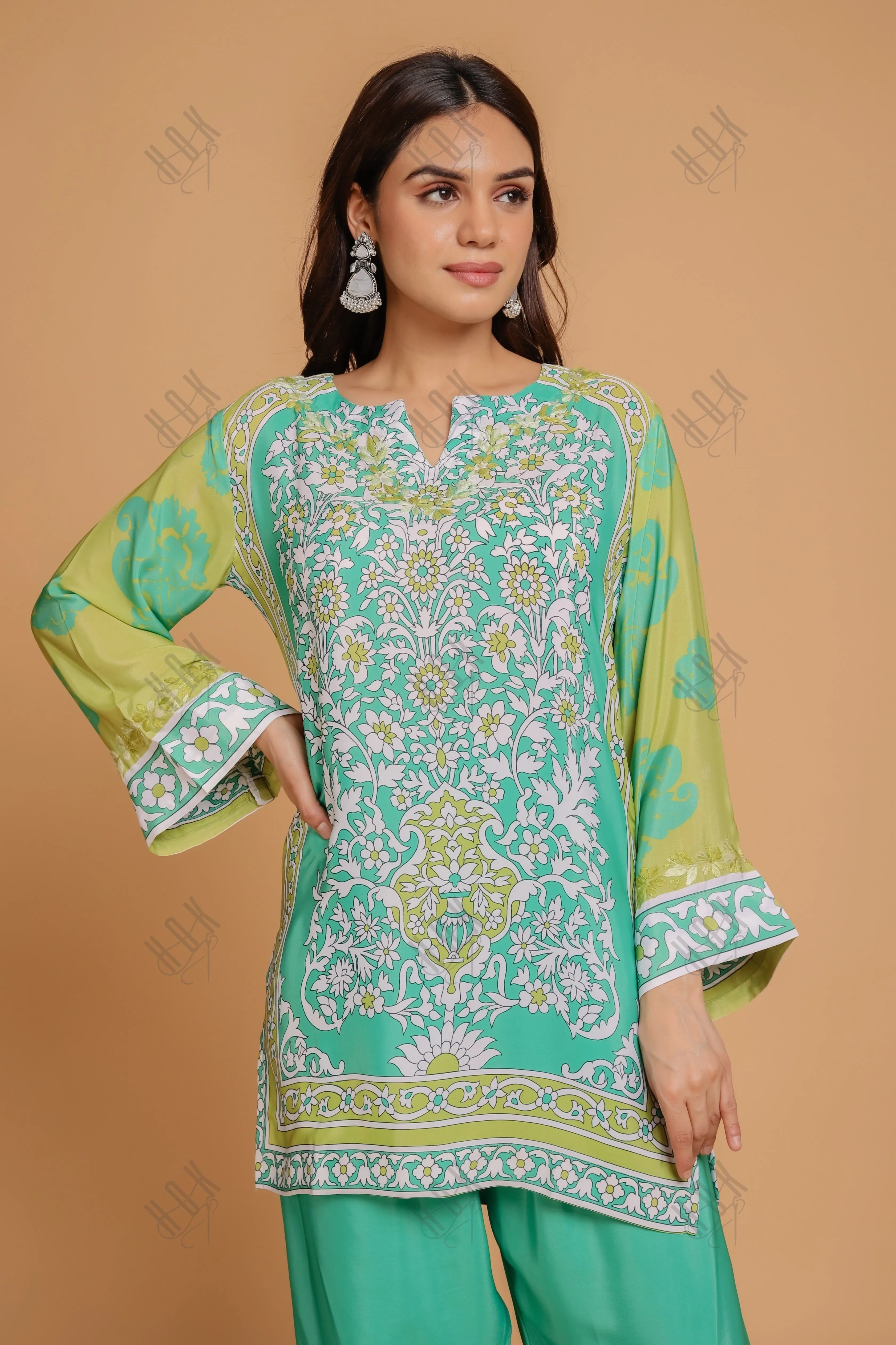 Saba Chikankari Printed Polysilk Set for Women - Green