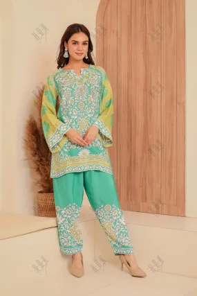 Saba Chikankari Printed Polysilk Set for Women - Green