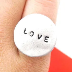 Simple Round Adjustable Love Stamped Hand Written Ring in Silver