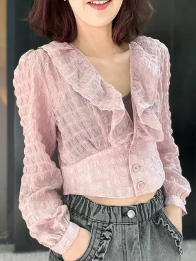 Textured Pink Buttoned Waist Ruffles Crop Top