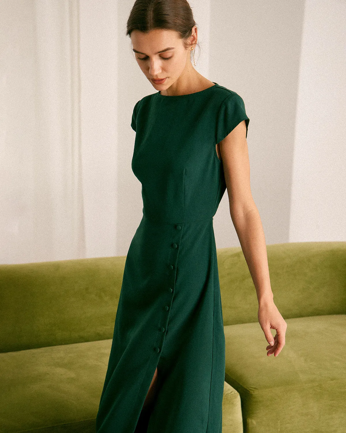 The Green Boat Neck Cutout Back Midi Dress