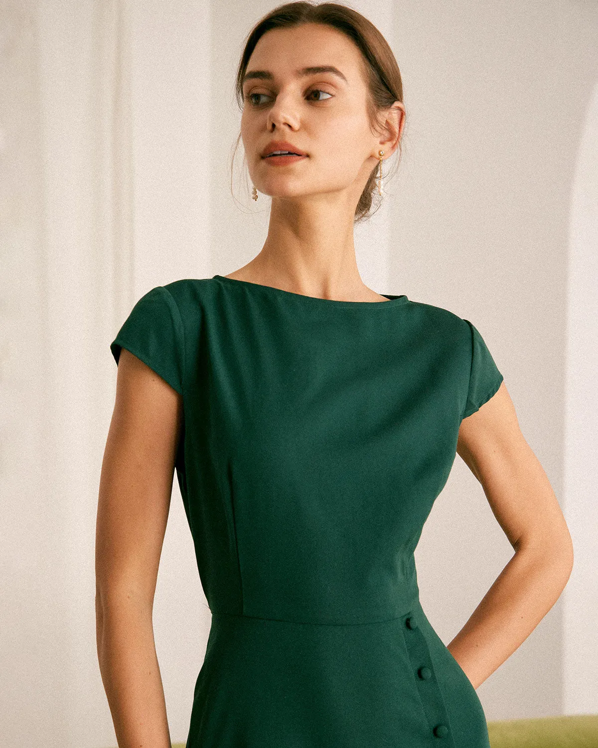 The Green Boat Neck Cutout Back Midi Dress