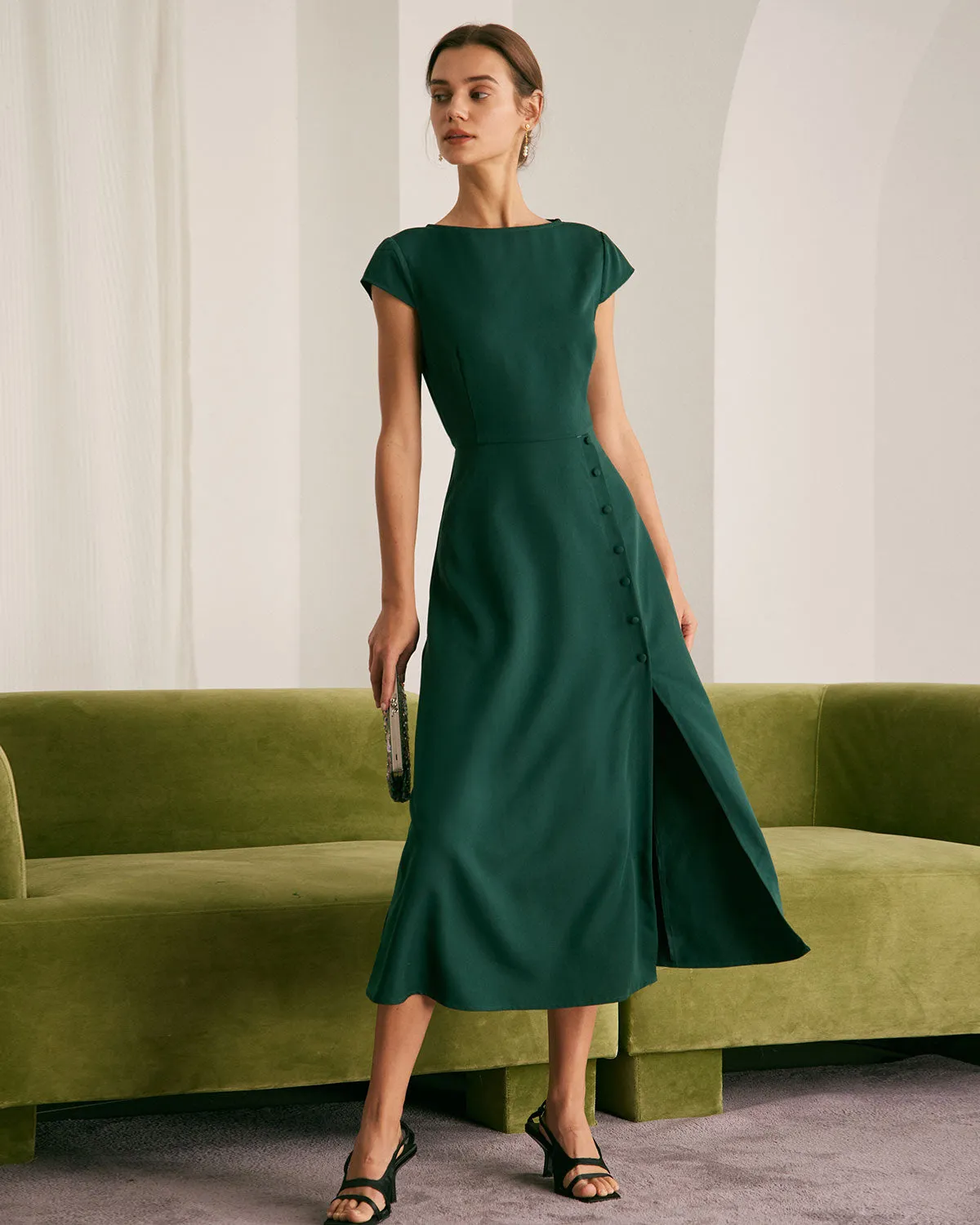 The Green Boat Neck Cutout Back Midi Dress