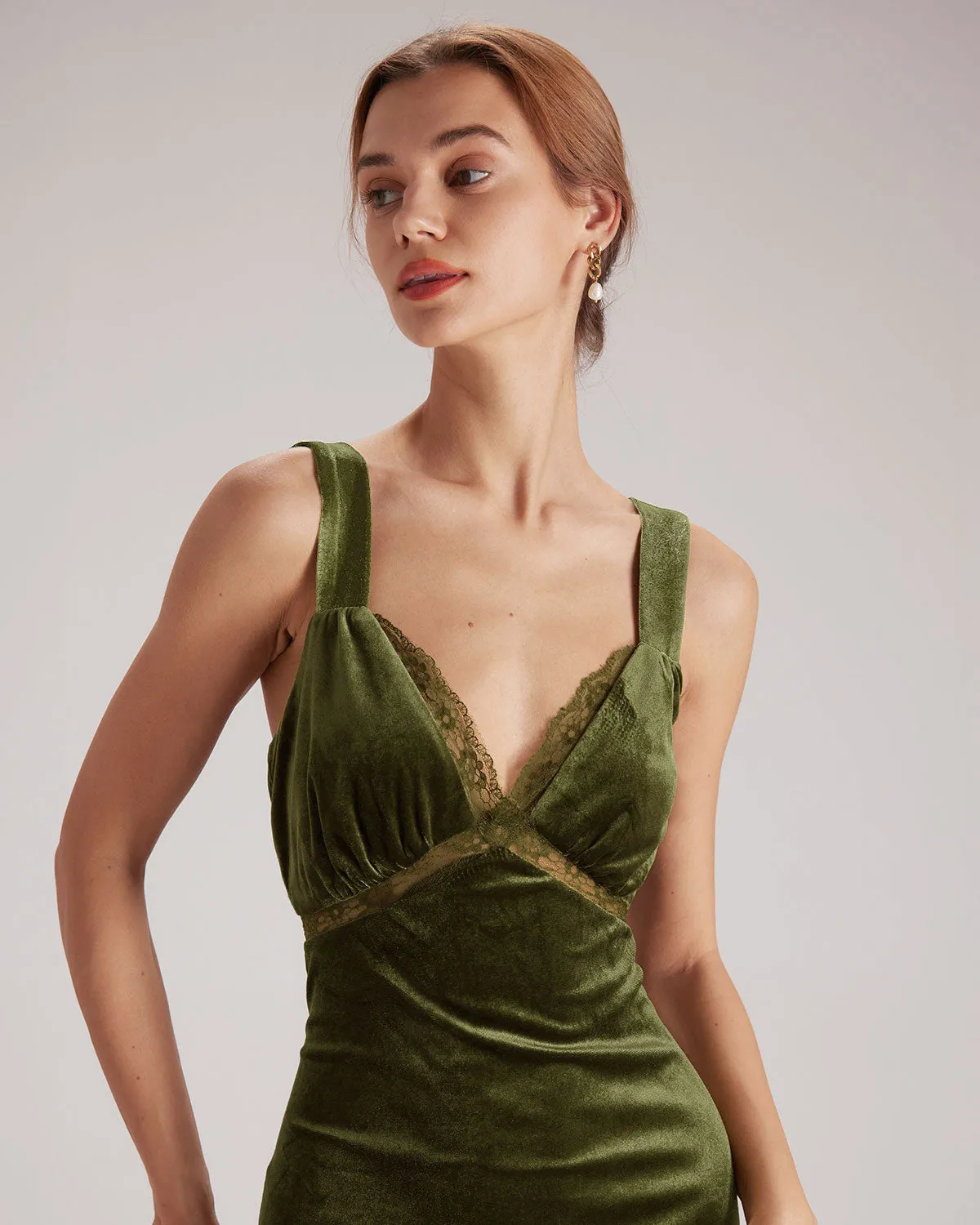 The Green V Neck Cutout Velvet Midi Dress