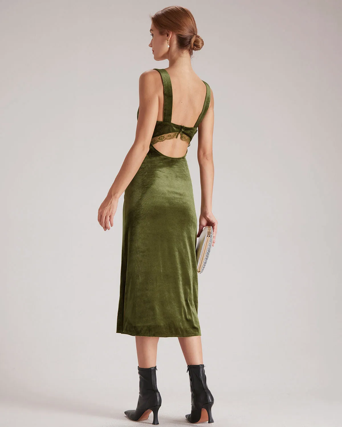 The Green V Neck Cutout Velvet Midi Dress