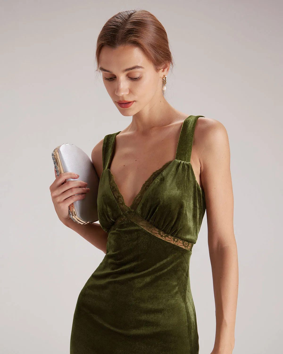 The Green V Neck Cutout Velvet Midi Dress