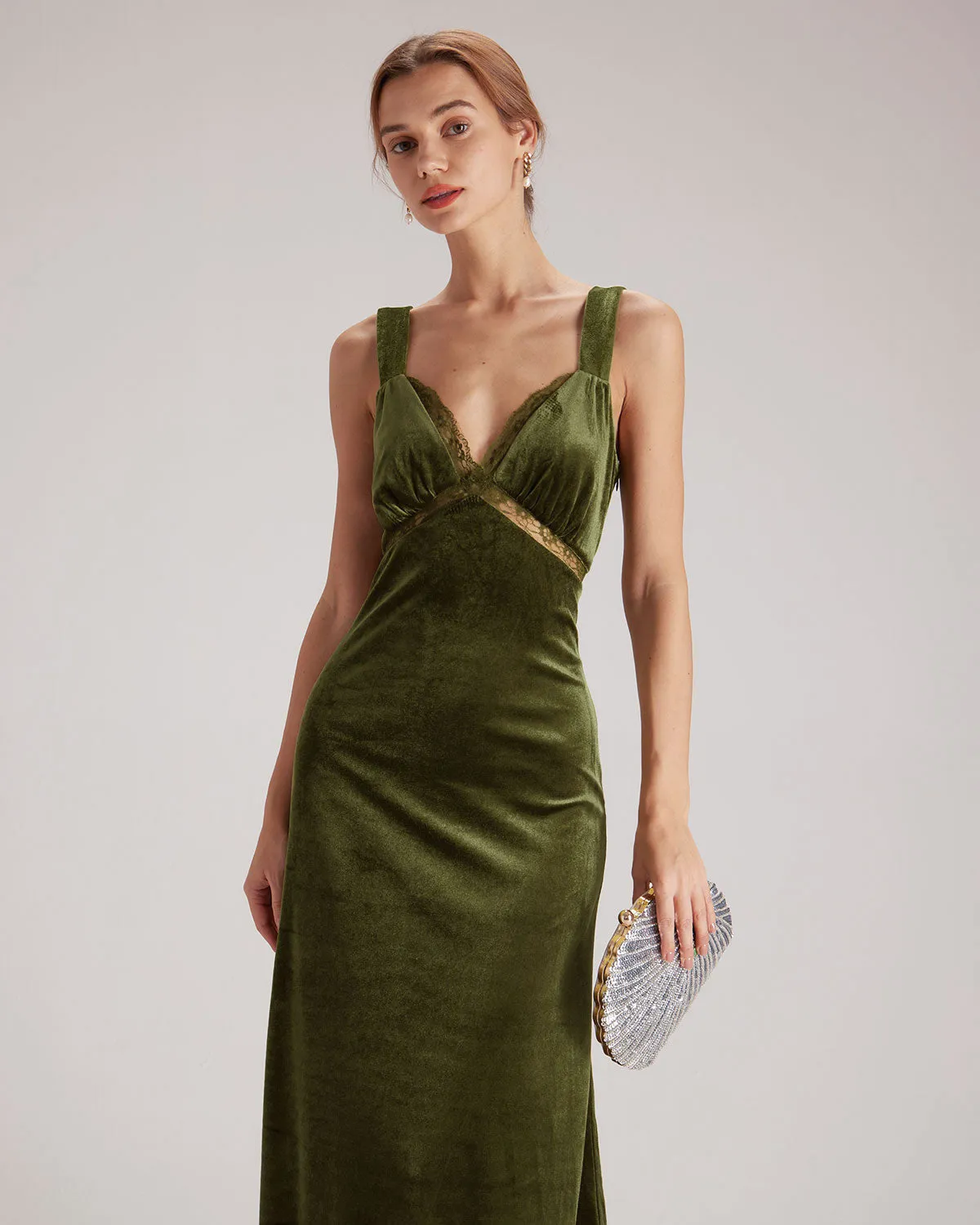 The Green V Neck Cutout Velvet Midi Dress