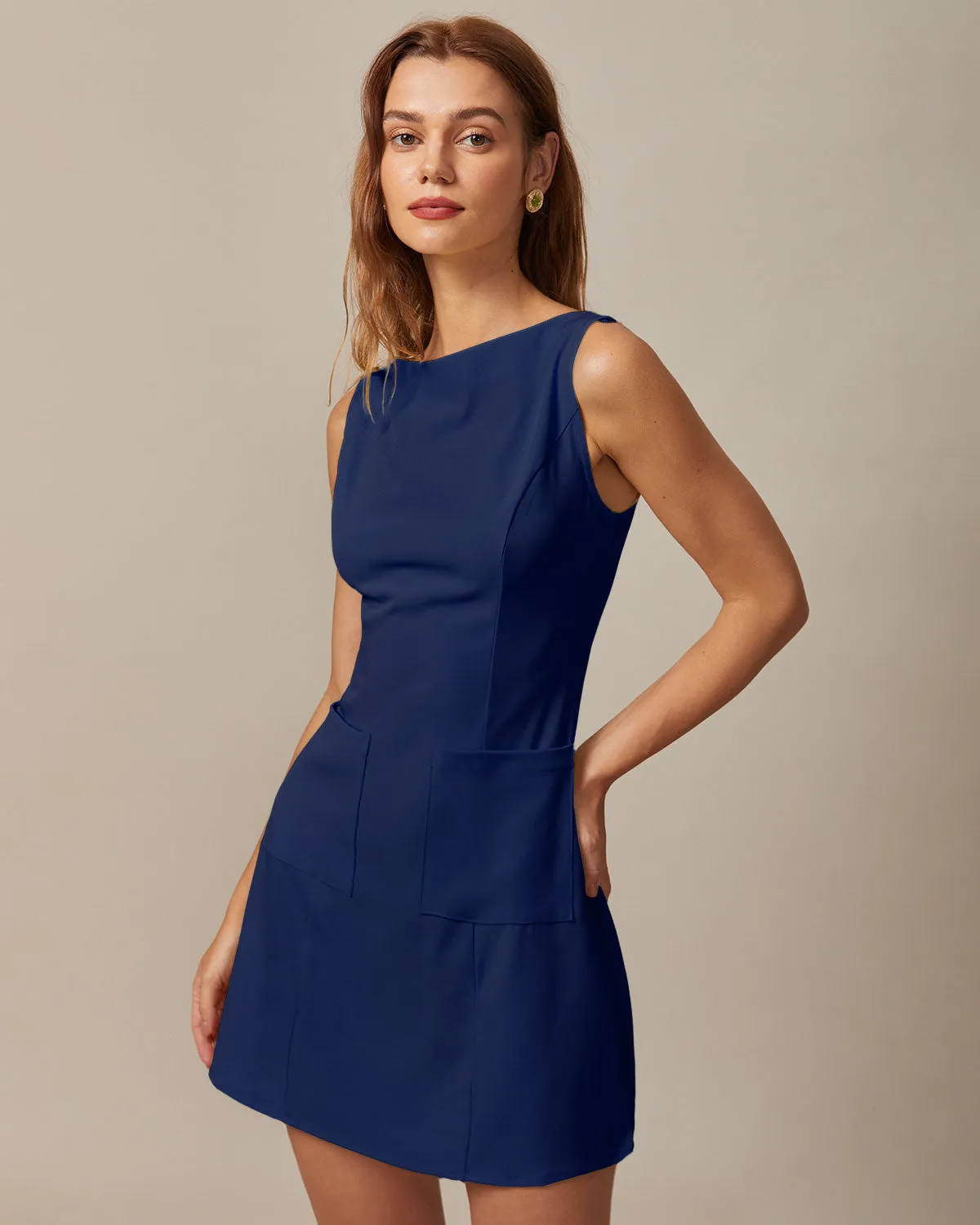 The Navy Boat Neck Cutout Mini Dress