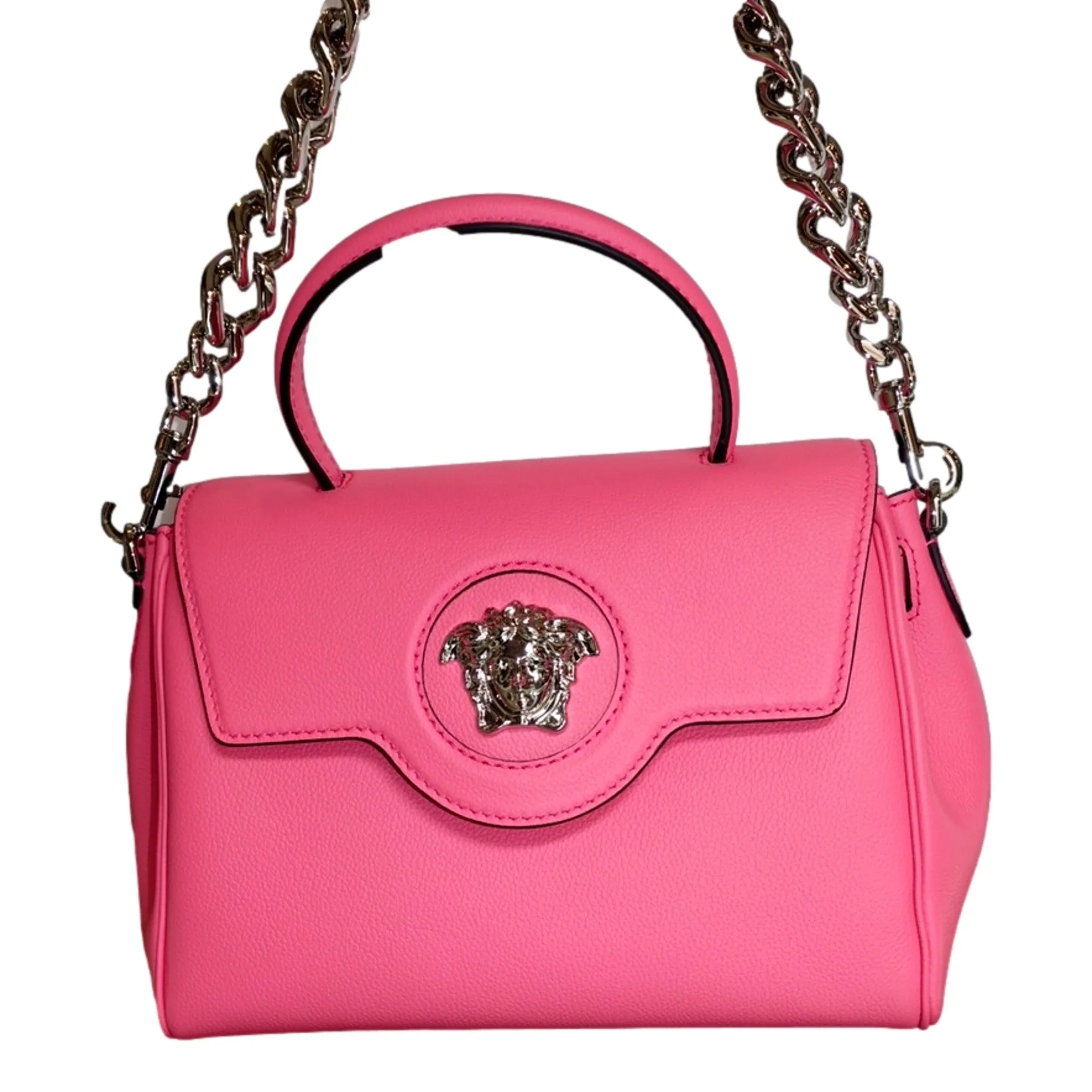 Versace Top Handle Flamingo Pink Vitello Leather Handbag