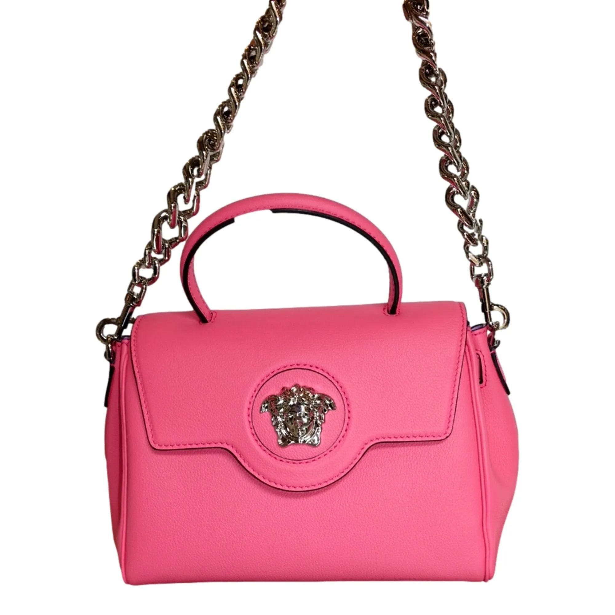 Versace Top Handle Flamingo Pink Vitello Leather Handbag