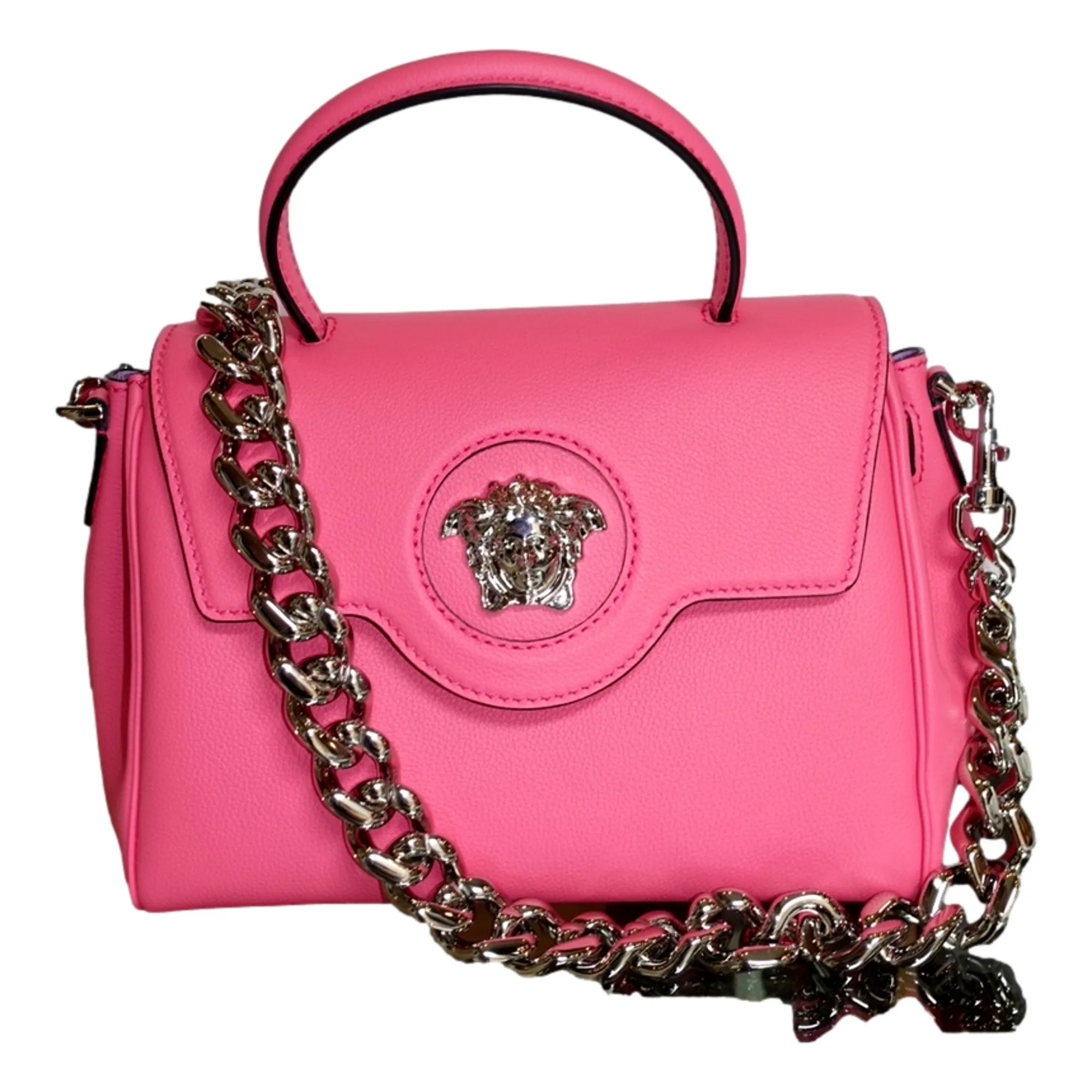 Versace Top Handle Flamingo Pink Vitello Leather Handbag