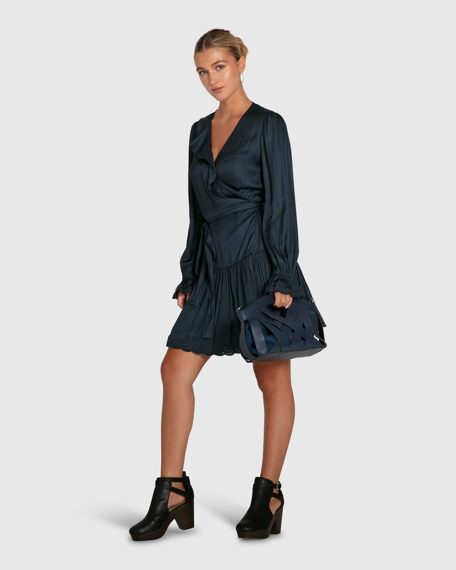 Wild Flower Embroidered Wrap Dress - Navy