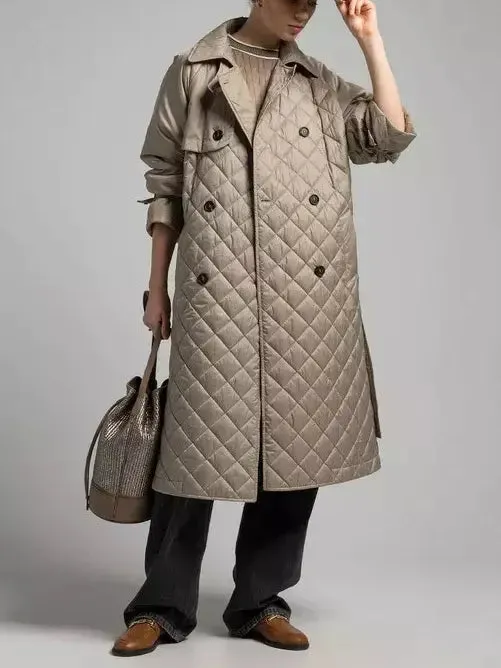 Women’s Belted Double-Breasted Quilted Trench Coat in Beige